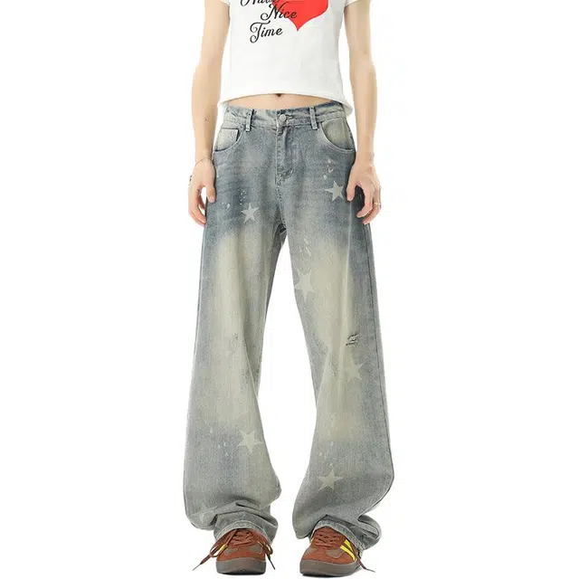 佐菲利 高街水洗直筒夏季美式复古做旧星星印花宽松显瘦超火牛仔裤 男女同款