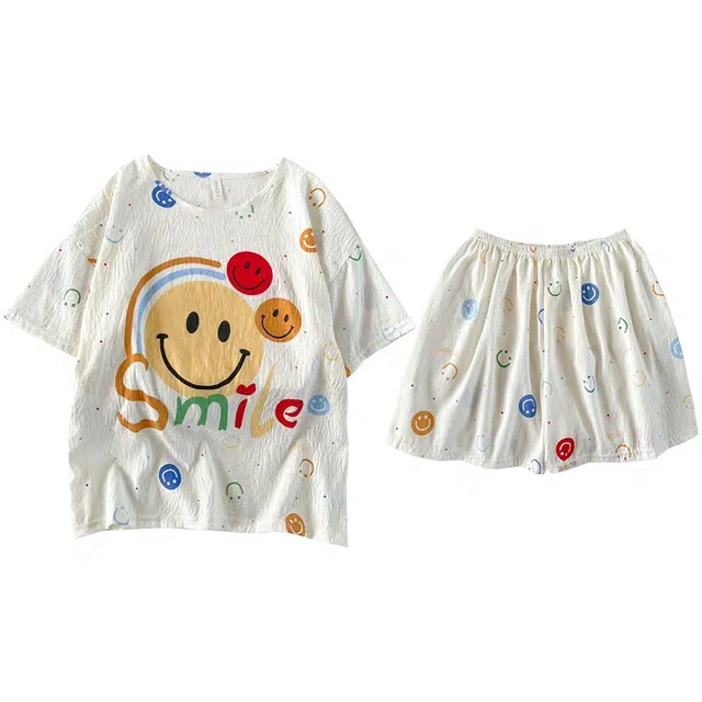 俏韵 圆领夏季云朵棉甜美笑脸短袖短裤薄款舒适家居服可外穿睡衣套装 女款
