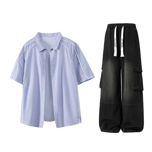 梓润格 校园户外穿搭日常通勤简约美式阔腿裤子高级设计氛围感无性别主义水洗工装牛仔裤条纹短袖衬衫潮牌宽松上衣休闲运动套装 男女同款