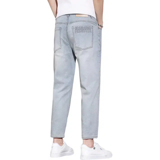 么宁 字母刺绣简约百搭潮流时尚修身直筒舒适透气个性痞帅弹力九分破洞牛仔裤 男女同款