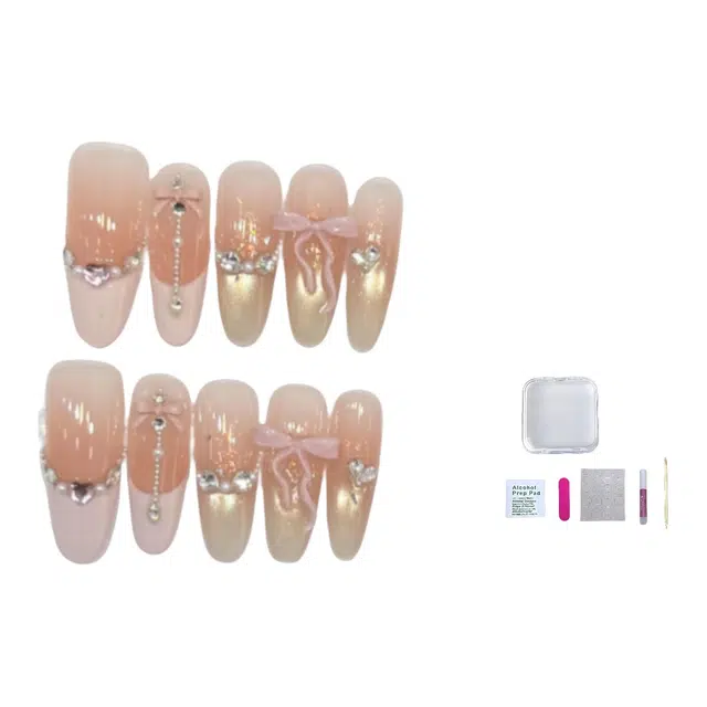 几多萌 砰然心动纯手工穿戴甲裸色腮红法式美甲成品猫眼蝴蝶  椭圆裸色裸色 猫眼