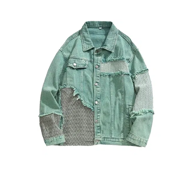 桴生 破洞补丁拼接毛边潮牌时尚宽松复古美式做旧牛仔外套 女款