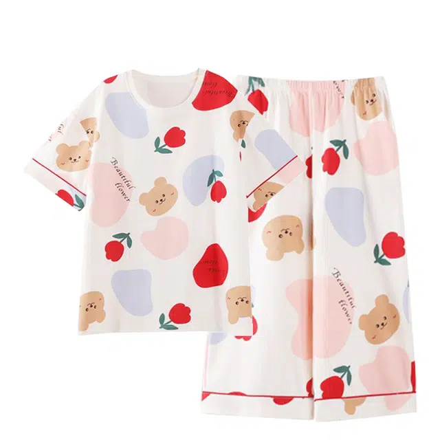 俏韵 圆领卡通夏季纯棉舒适短袖甜美薄款凉感家居服可外穿睡衣套装 女款