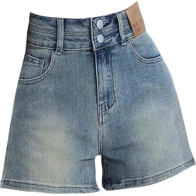 拾籍 美式复古做旧效果双扣高腰弹力牛仔短裤女夏季辣妹时尚百搭显腿长热裤 女款