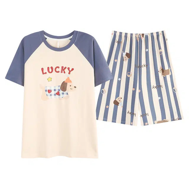 宫蝶 腊肠狗纯棉短袖卡通休闲家居服宽松可外穿夏季睡衣套装 男款