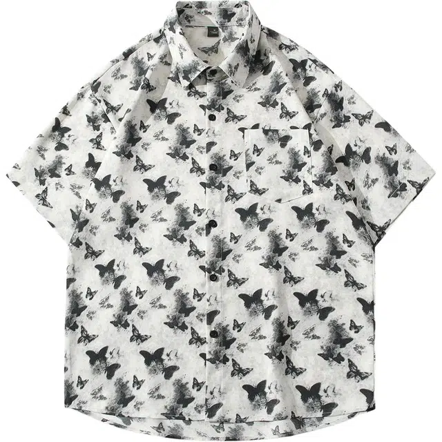 大格子与黑猫 凉感蝴蝶印花宽松百搭休闲翻领短袖衬衫 男款