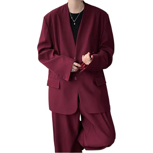 袋鼠 潮流休闲圆领西服外套高级痞帅宽松韩版轻奢设计时尚气质轻熟风商务西装 男女同款