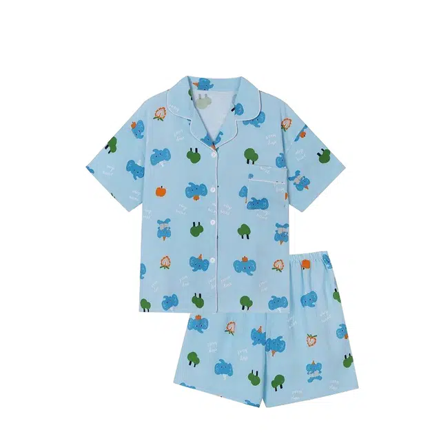 俏韵 卡通甜美印花翻领家居服短袖三分裤睡衣套装 女款