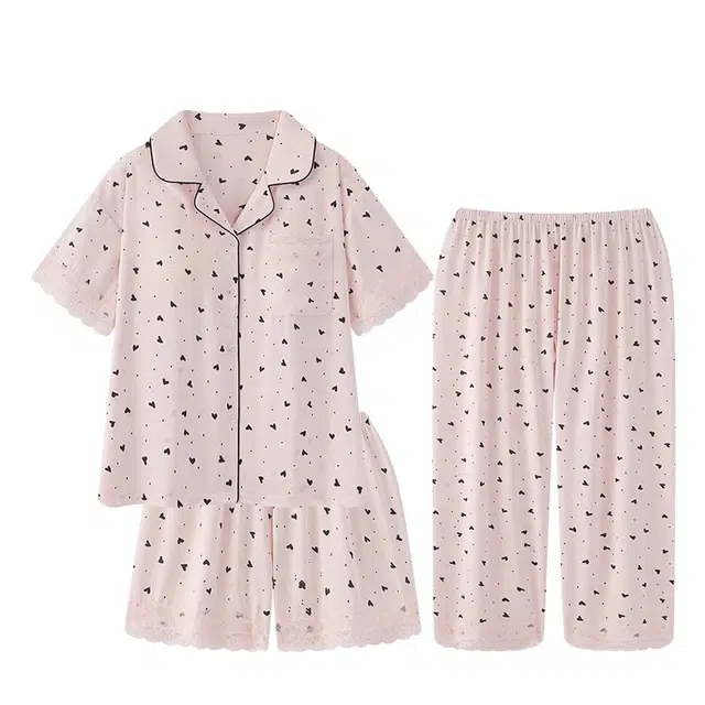 俏韵 翻领夏季款冰丝舒适短袖三件套甜美爱心薄款凉感家居服可外穿睡衣套装 女款