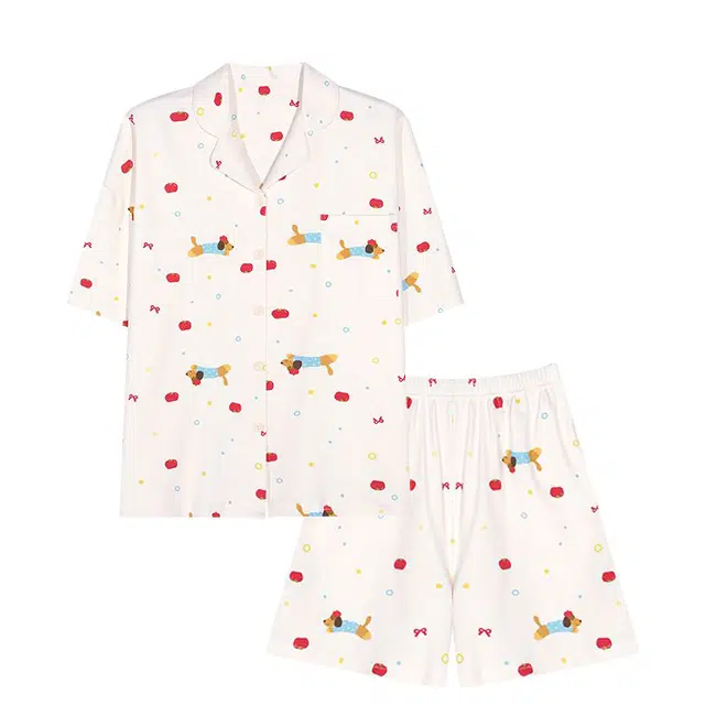 俏韵 翻领卡通夏季纯棉甜美舒适短袖短裤薄款家居服可外穿睡衣套装 女款