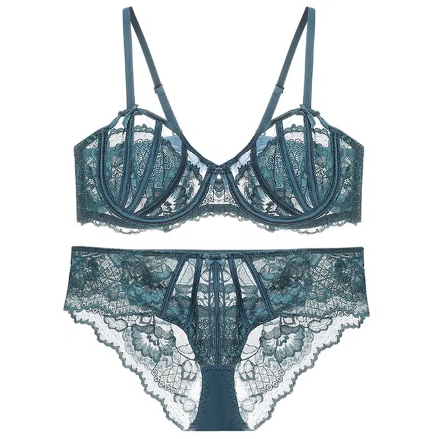 潞优野 法式性感超薄大胸显小大码收副乳防下垂文胸蕾丝时尚内裤内衣裤套装 女款