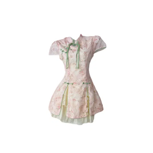 敲模女孩 新中式国风收腰设计感印花飞飞袖上衣高腰蓬蓬短裙裙装套装 女款