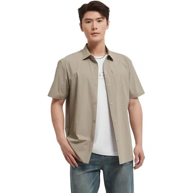 古鲨 免烫直筒休闲弹力短袖衬衫 男款