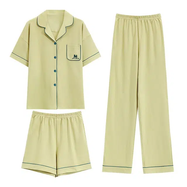 俏韵 翻领夏季舒适简约风短袖三件套甜美凉感薄款家居服可外穿睡衣套装 女款