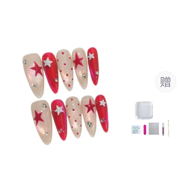 几多萌 波点猫眼 手工穿戴甲高级感手绘星星美甲温柔裸色测光猫眼波点甲  椭圆裸色跳色 猫眼