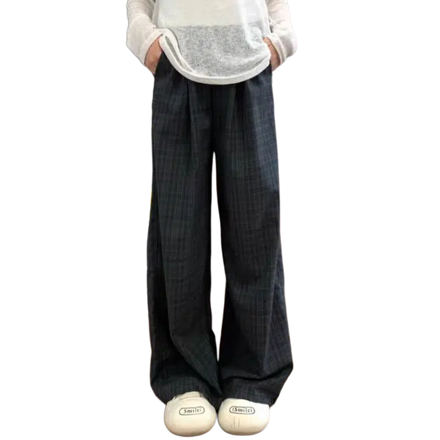 拓菲 格子裤子薄款慵懒风阔腿冰丝裤直筒长裤休闲裤 男女同款