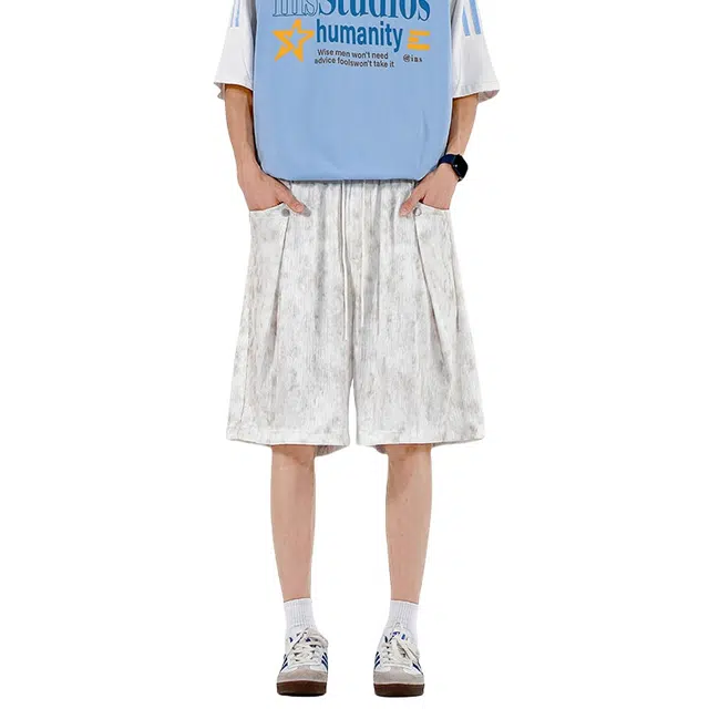 加荣 美式潮肌理感扎染薄款透气垂坠感中裤青少年户外出行百搭痞帅小众设计感直筒宽松阔腿五分裤工装短裤 男女同款