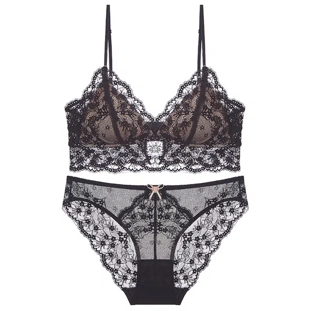 潞优野 蕾丝薄款细肩带美背三角内衣裤套装 女款