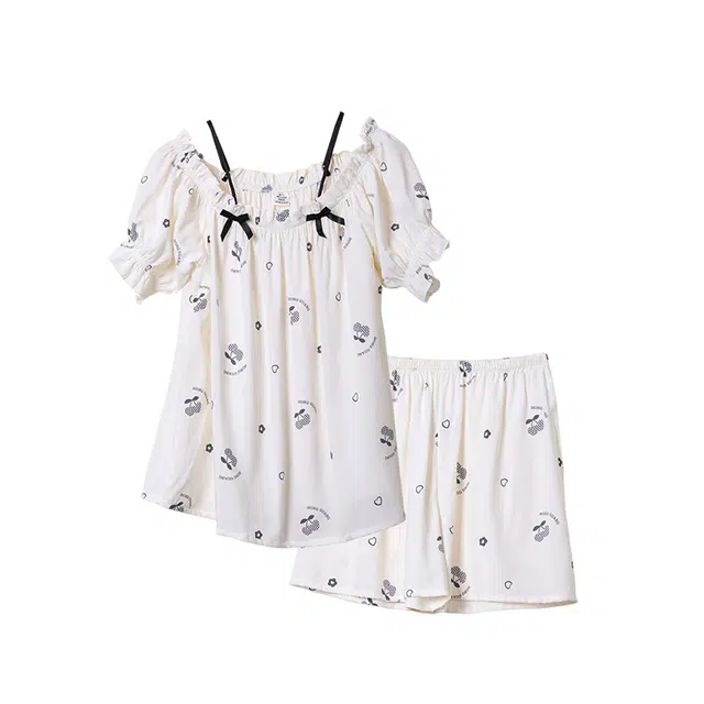 水中花 家居服薄款绵绸透气吊带短袖短裤两件套少女甜美可爱居家可外穿夏季睡衣套装 女款