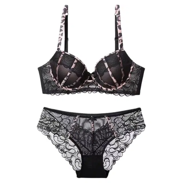 潞优野 薄款蕾丝收副乳聚拢大码文胸透气时尚内裤内衣裤套装 女款