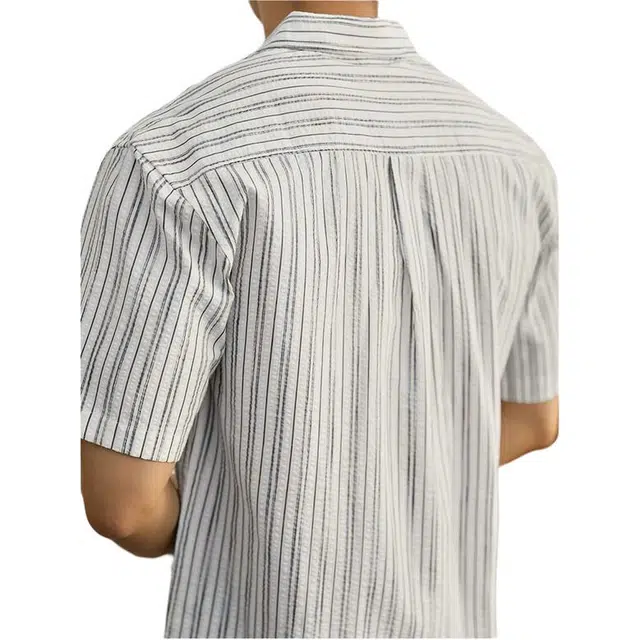 杜克恩 美式纯棉轻薄竖条纹衬衣夏季外套翻领肌理感透气宽松休闲短袖衬衫 男女同款