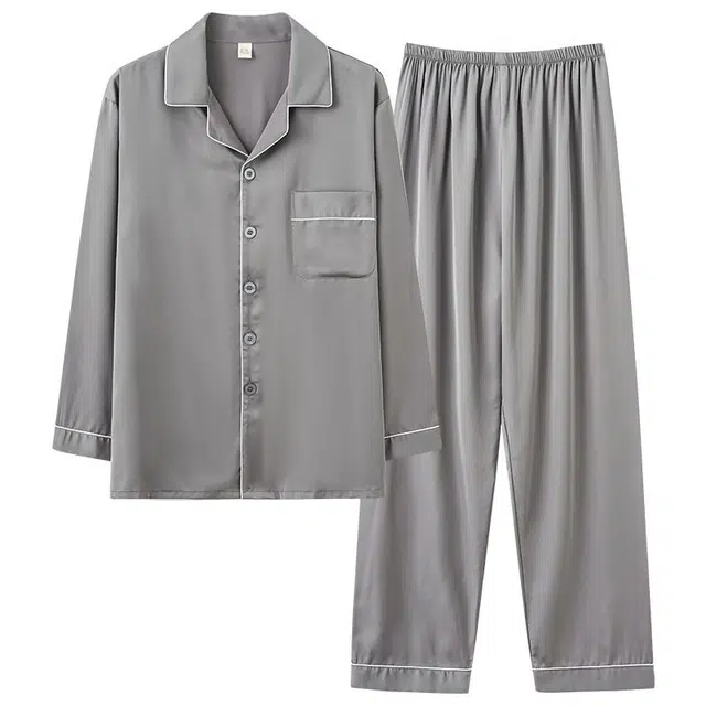 俏韵 翻领夏季冰丝长袖长裤休闲简约舒适夏天家居服可外穿睡衣套装 男款