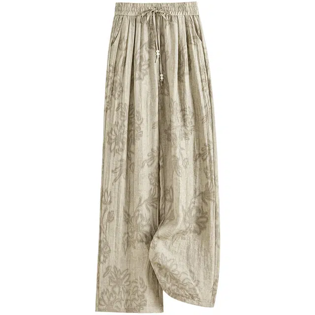 她池 松紧腰印花长裤中式复古简约休闲裤 女款