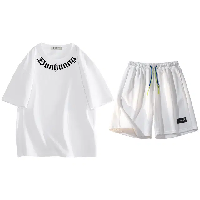 敦煌博物馆 美式复古哥特风字母印花宽松落肩圆领短袖直筒撞色抽绳五分时尚百搭休闲运动套装 男女同款