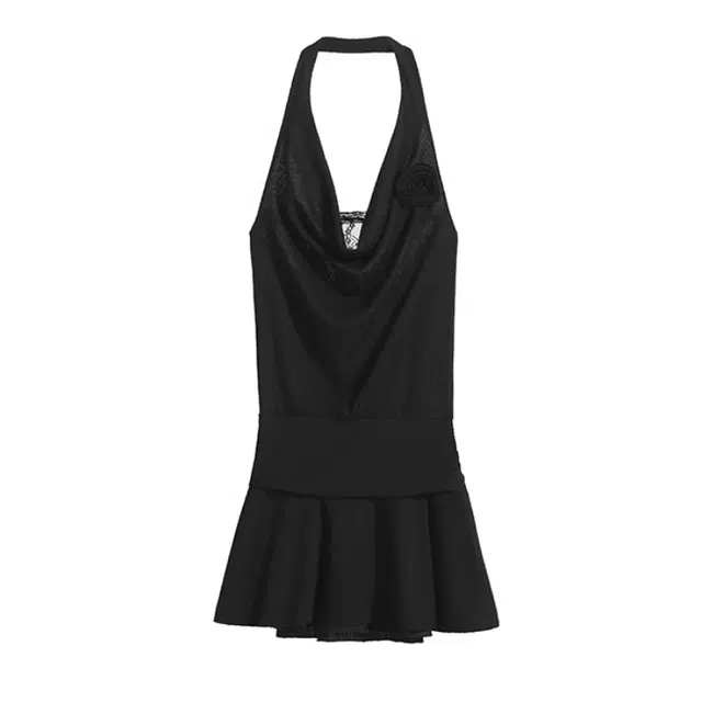 小菊川栗 学院风时尚休闲潮流甜辣穿搭暗夜精灵性感假两件蕾丝裙女挂脖短裙子吊带连衣裙 女款