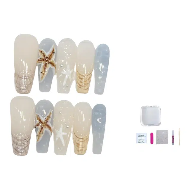 几多萌 夏日海滩 纯手工穿戴甲高级感手绘立体浮雕海纹美甲成品  长款裸色跳色 纯欲