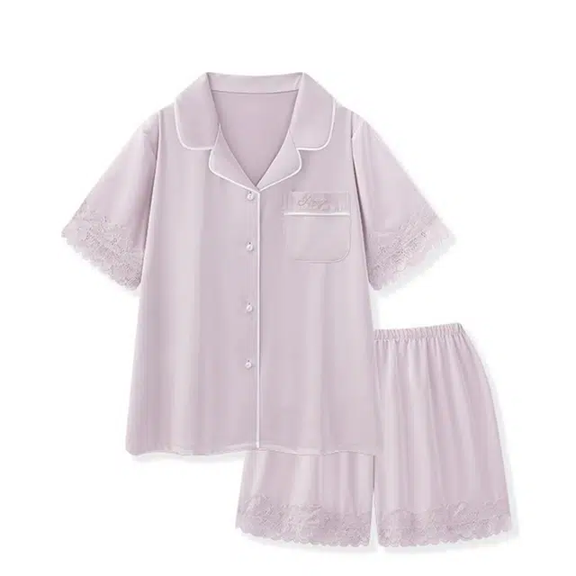 俏韵 翻领夏季天冰丝甜美舒适短袖短裤薄款家居服可外穿睡衣套装 女款