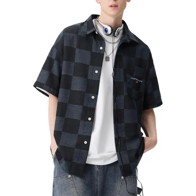 沐诚阳译 夏季美式棋盘格短袖男宽松休闲大码半袖外套衬衫  男款