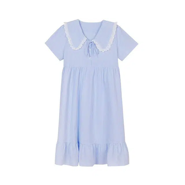 俏韵 条纹甜美荷叶边短袖娃娃领中长款连衣睡裙 女款