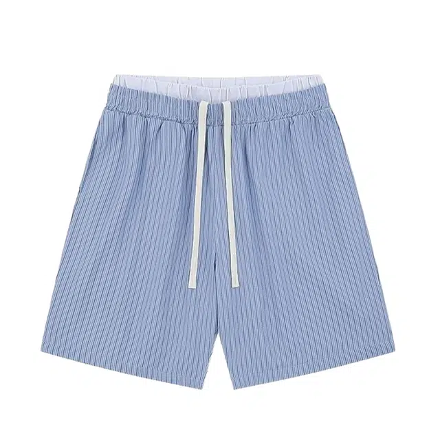 大格子与黑猫 嘻哈日系复古条纹假两件宽松百搭沙滩裤情侣休闲短裤 男女同款