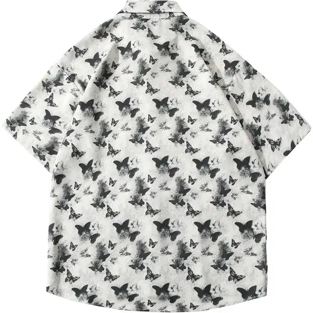 大格子与黑猫 凉感蝴蝶印花宽松百搭休闲翻领短袖衬衫 男款