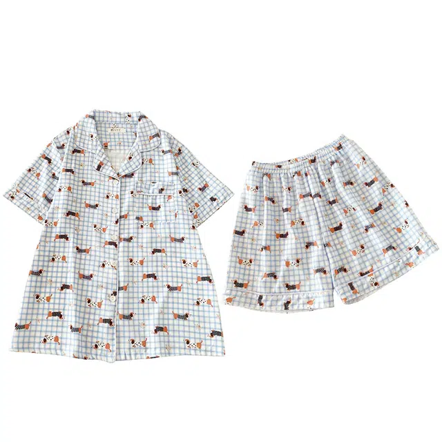 俏韵 翻领卡通夏季冰丝甜美舒适短袖短裤薄款家居服可外穿睡衣套装 女款