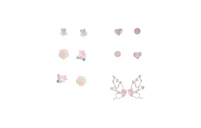 迎百宝 粉樱絮语 一周重样套装 精致梦幻璀璨闪耀蝴蝶山茶花爱心花朵系套装 通勤实用百搭修饰脸型 合金 耳钉 男女同款情侣款