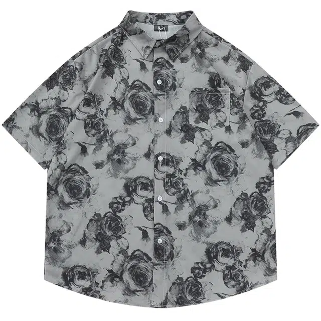 大格子与黑猫 美式复古花卉满印休闲宽松百搭短袖衬衫 男款