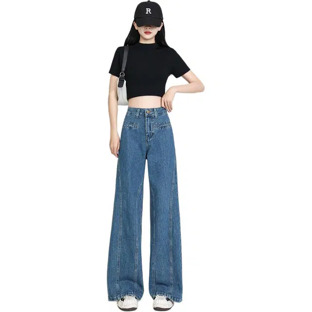 黛尔佳人 高腰阔腿复古小个子窄版直筒裤牛仔裤 女款