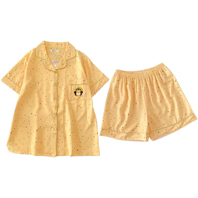 俏韵 翻领卡通夏季款冰丝甜美舒适短袖短裤薄款家居服可外穿睡衣套装 女款