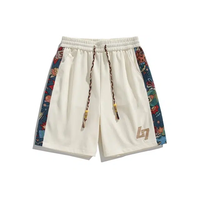 沐诚阳译 潮牌卡通拼接刺绣运动五分裤宽松百搭休闲短裤 男款