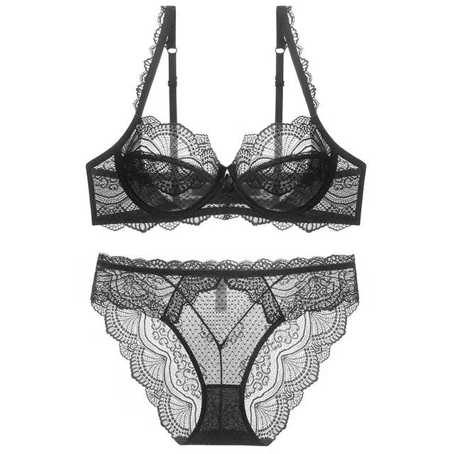 潞优野 性感法式超薄纯欲蕾丝大码大胸显小防下垂内衣裤套装 女款