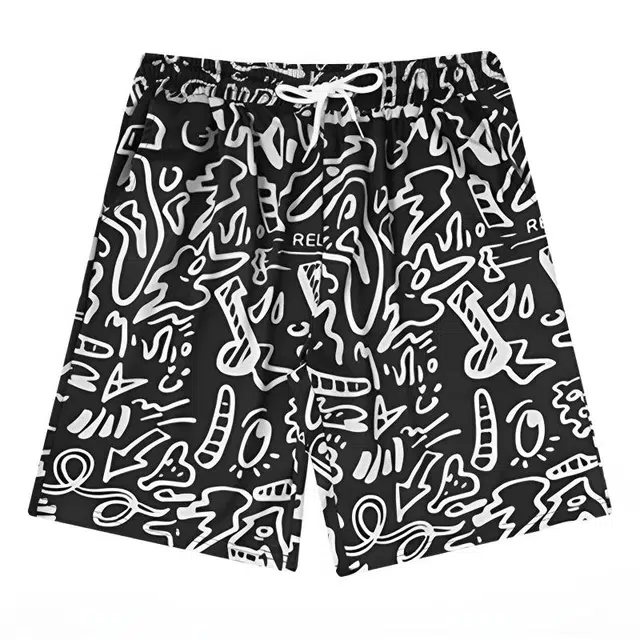 爱肯 涂鸦艺术满印卡通小众设计美式复古高街纯色时尚百搭宽松通勤五分休闲短裤 男女同款