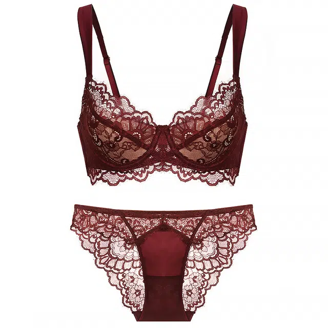 潞优野 法式内衣女性感薄棉睫毛蕾丝大胸显小防下垂大码文胸套装 女款