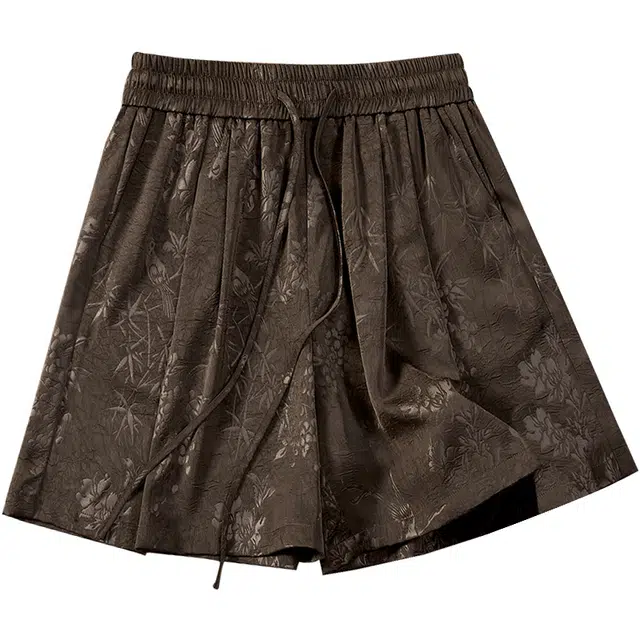 她池 抽绳松紧腰阔腿裤新中式休闲短裤 女款