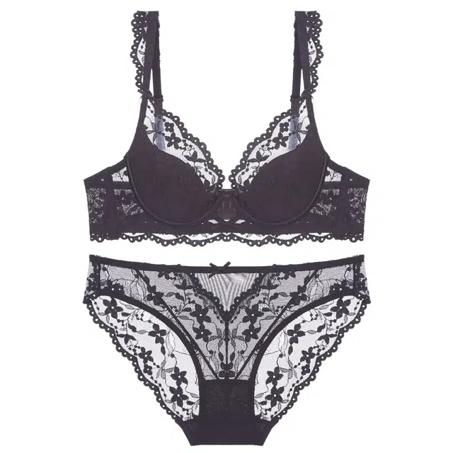 潞优野 法式性感纯欲薄款软钢圈蕾丝小胸显大聚拢收副乳文胸透气时尚内裤内衣裤套装 女款