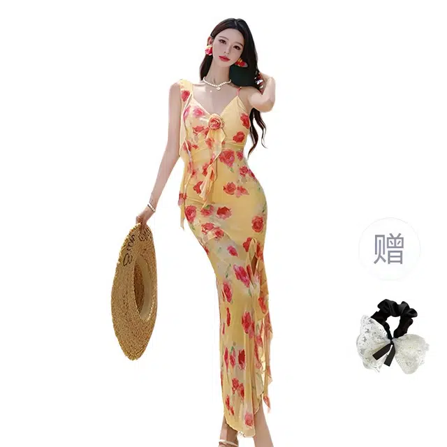 涂诗菲 法式度假时尚潮流舒适简约百搭复古吊带连衣裙 女款