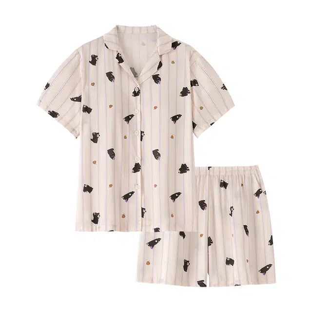 顶瓜瓜 棉质短袖短裤翻领开衫可爱卡通小熊条纹两件套家居服夏季睡衣套装  女款