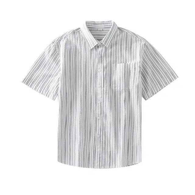 杜克恩 美式纯棉轻薄竖条纹衬衣夏季外套翻领肌理感透气宽松休闲短袖衬衫 男女同款
