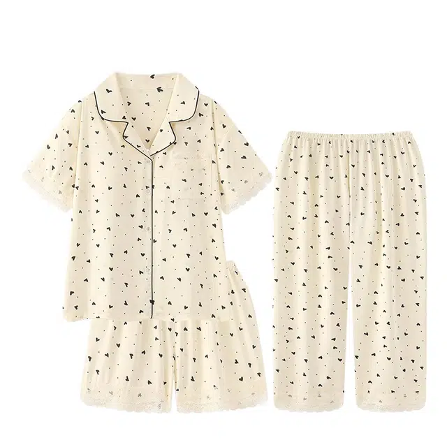 俏韵 翻领夏季冰丝舒适短袖三件套甜美爱心薄款凉感家居服可外穿睡衣套装 女款